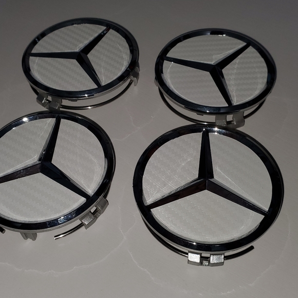4 White Carbon Fiber WHEEL CENTER HUB CAPS EMBLEM FITS MERCEDES BENZ 75MM/ 3 IN - Picture 5 of 5